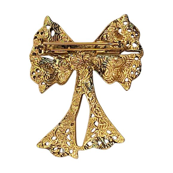 VTG 1928 BROOCH PIN Gold Filigree Ribbon Bow PINK PORCELAIN ROSE Seed Pearls - Picture 4 of 6